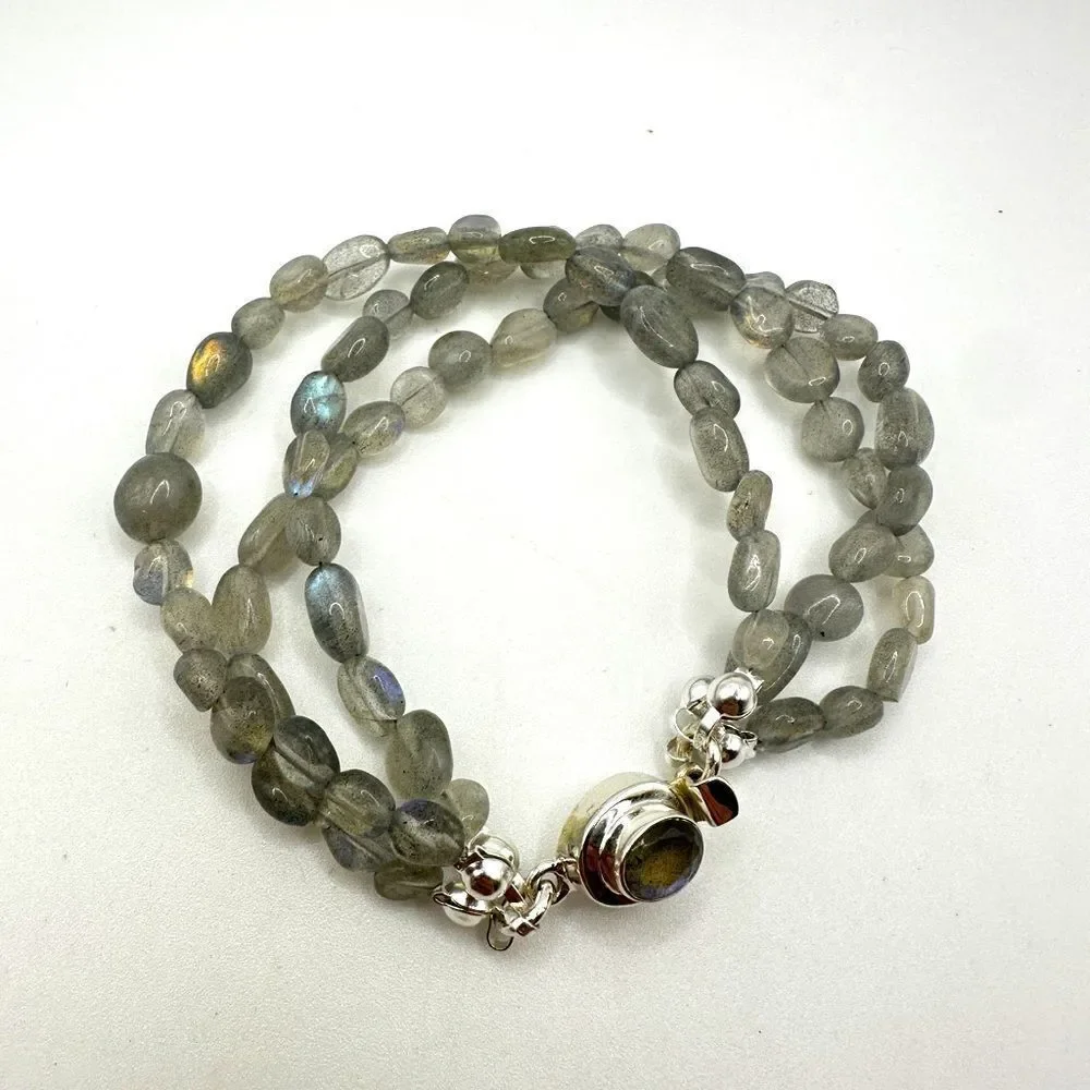NWOT Labradorite and sterling silver, triple‎ stranded bracelet!